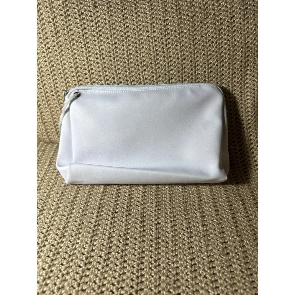 Makeup Cosmetic White Zipper Bag Pouch with Compact Mirror & Brush